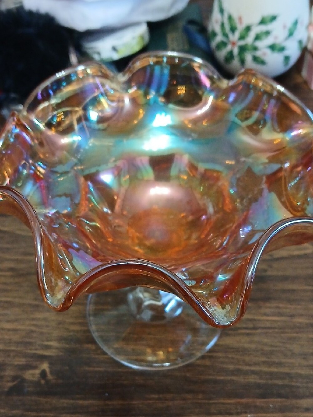 Iridescent Ruffle Glass Compote Bowl - Amber - Picture 2 of 3